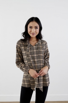 Plaid Tie-Neck Yoke Top